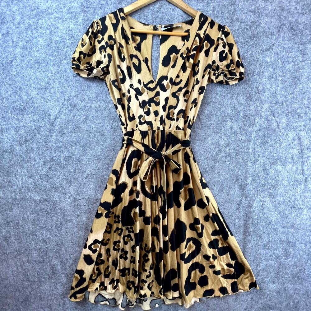 Blumarine Dress Womens S Leopard Silk Keyhole Twirl Dancing Bold Y2K Italian